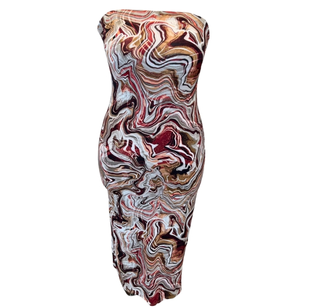 Maxi Dress Brown Womens Tube Top Dress Stretch Sea Print Tank Dress New